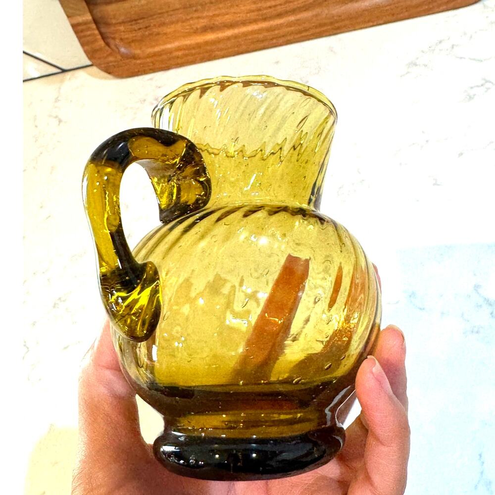 Vintage Hand Blown Amber Swirl small Glass Pitcher boho MCM eclectic artsy - Picture 8 of 11